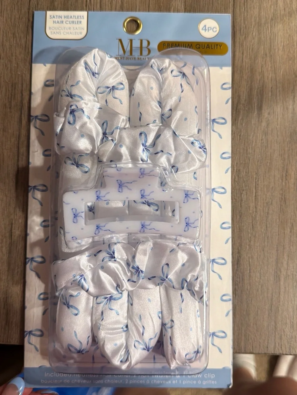 MB Satin Heatless Hair Curler Set - White with Blue Bow Print